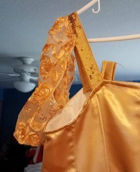dangling sleeve on gold dress, Cinderella