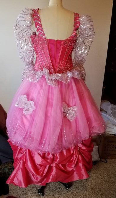 back of dress, pulled up skirt