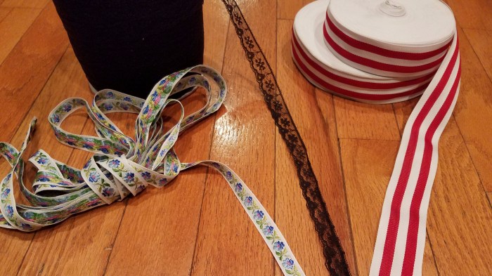 jaquard ribbon, narrow black ribbon and red &amp; white striped grosgrain ribbon